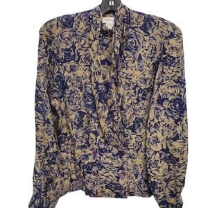 Vintage Nora‎ Noh Blue & Cream Floral Silk Blouse - 6